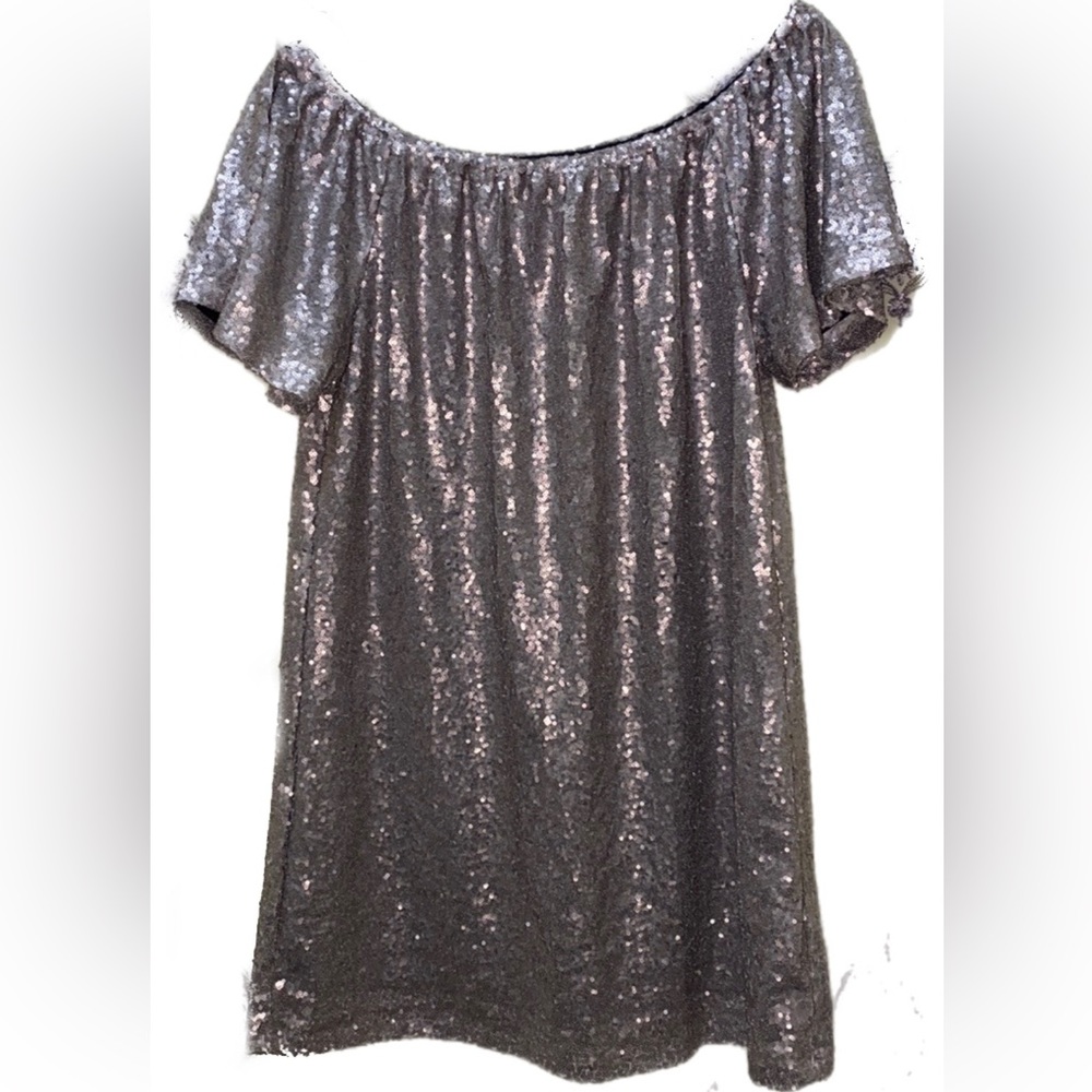 STONY APPAREL GROUP GOLD SEQUIN FULL FIT DRESS SLIP OVER BELL SHORT SLEEVES SZ S